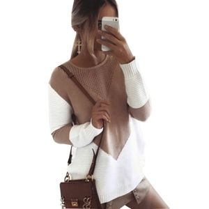 Color Block Camel and White Pullover Knit Sweater